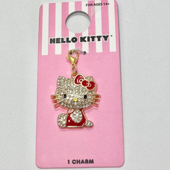 Hello Kitty Crystal Bling Charm Clip On Zipper Pull Bag Purse Red Bow Enamel - Picture 3 of 9